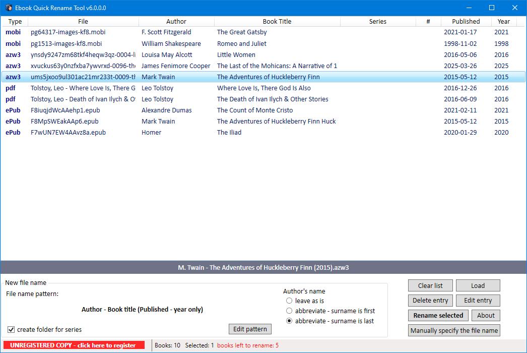 ePub Quick Rename Tool - unregistered copy screenshot